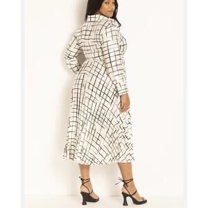 Eloquii 14 Windowpane Pleated Dress Belted Long‎ Maxi White Black Check Career